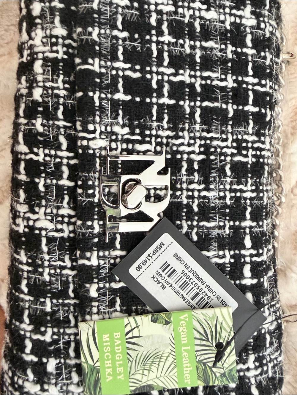 Badgley Mischka Black & White Tweed Logo Clutch